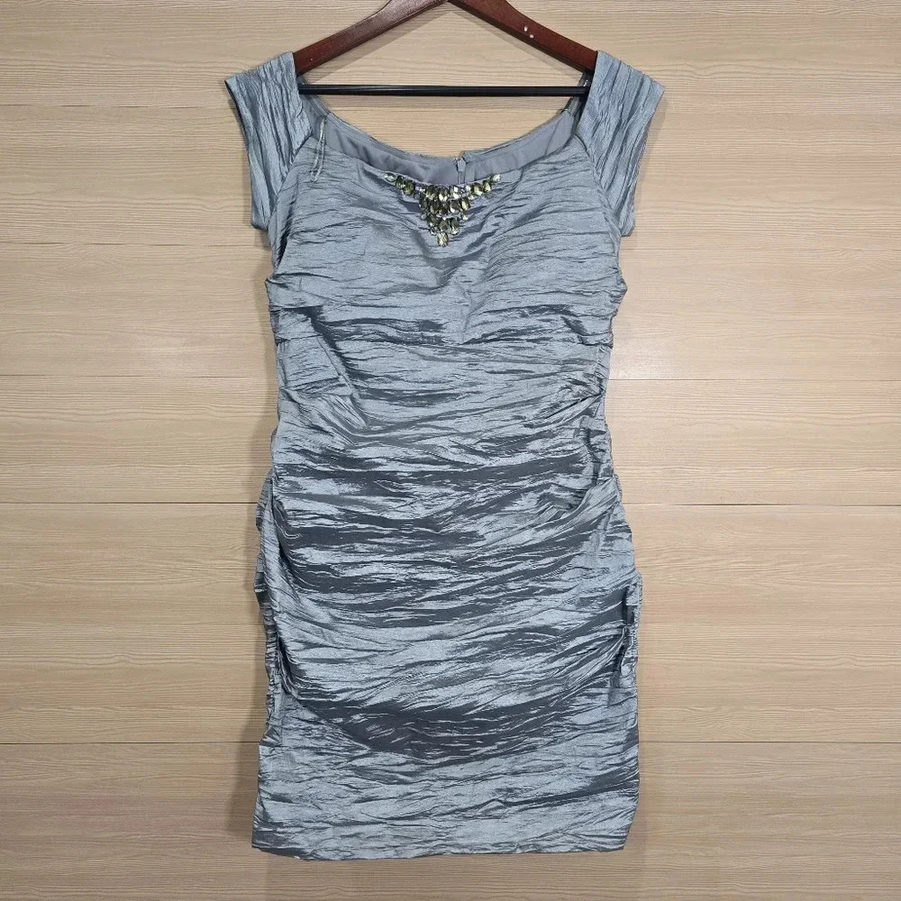 Alex Evenings Dress Womens 16 Ruched Bodycon Silver Beaded Neckline Mini Elegant